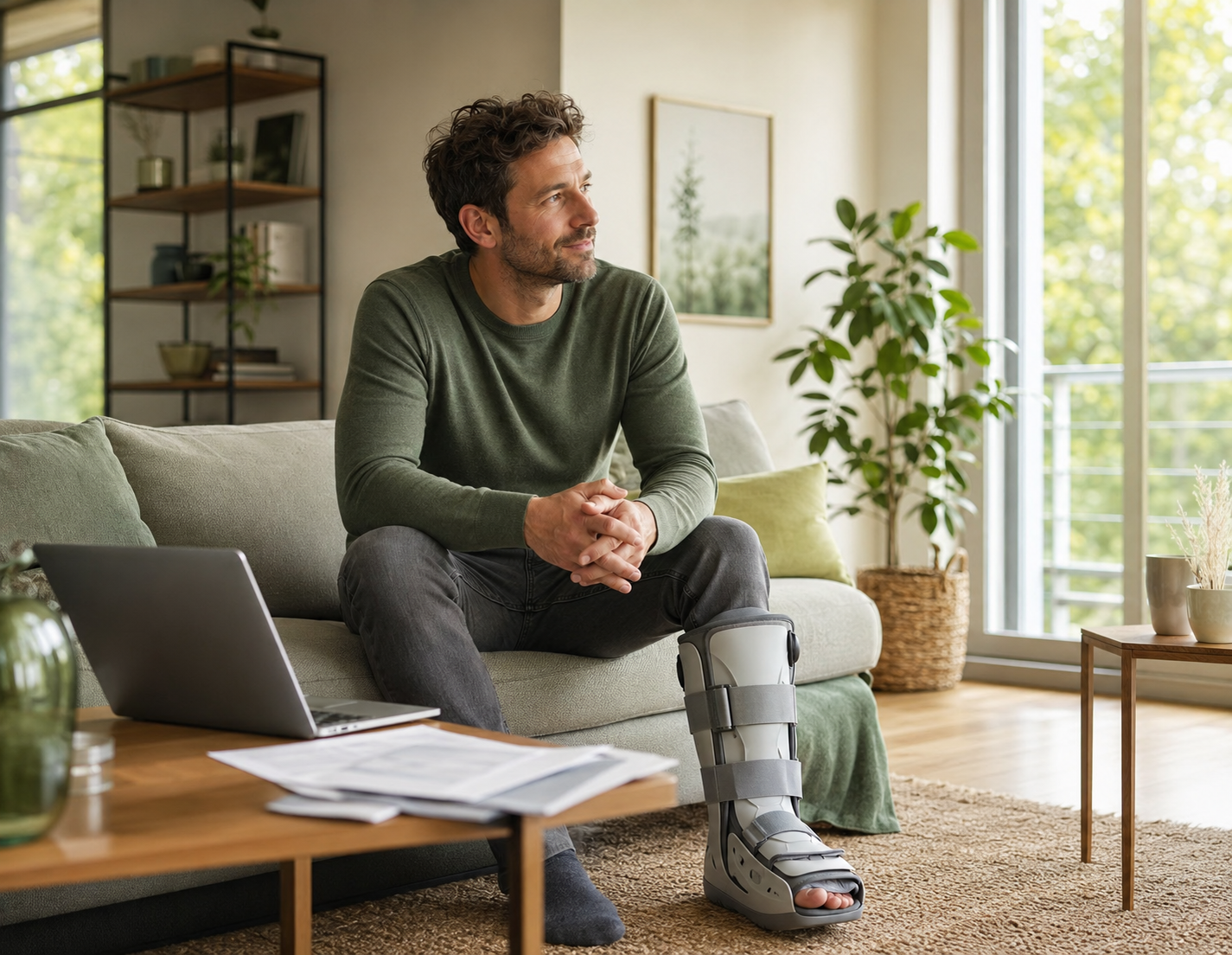 Mann mit Fußorthese sitzt zu Hause auf dem Sofa neben Laptop und Unterlagen zur Berufsunfähigkeitsversicherung.