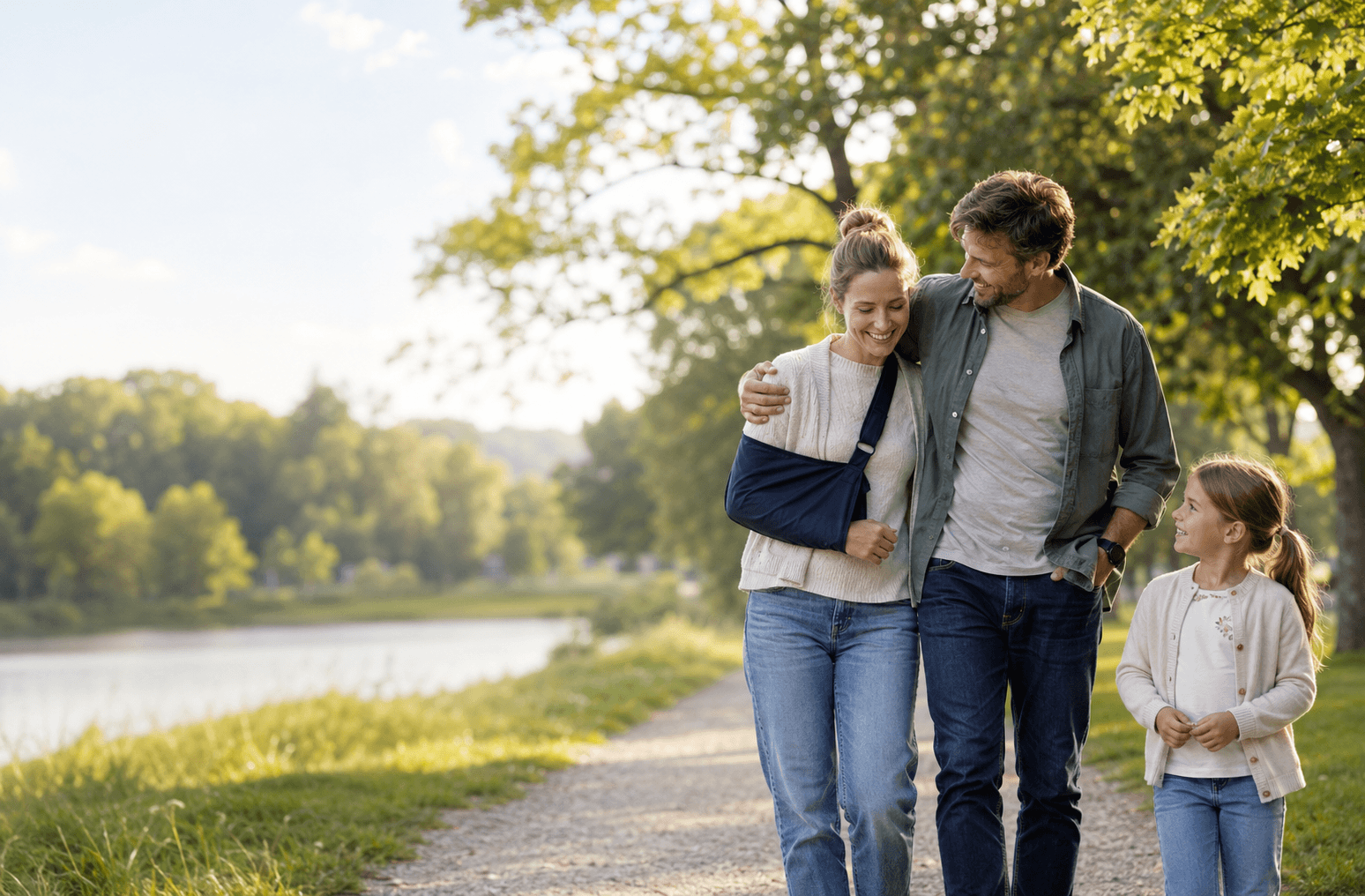 Junge Familie geht gemeinsam durch einen Park, während ein Elternteil mit Armschlinge unterstützt wird, als Symbol für private Unfallversicherung und familiären Rückhalt nach einem Unfall.