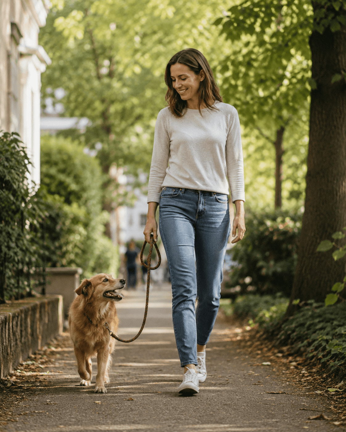 Frau geht mit ihrem Hund durch eine grüne Wohngegend als Symbol für Tierhalterhaftpflichtversicherung.