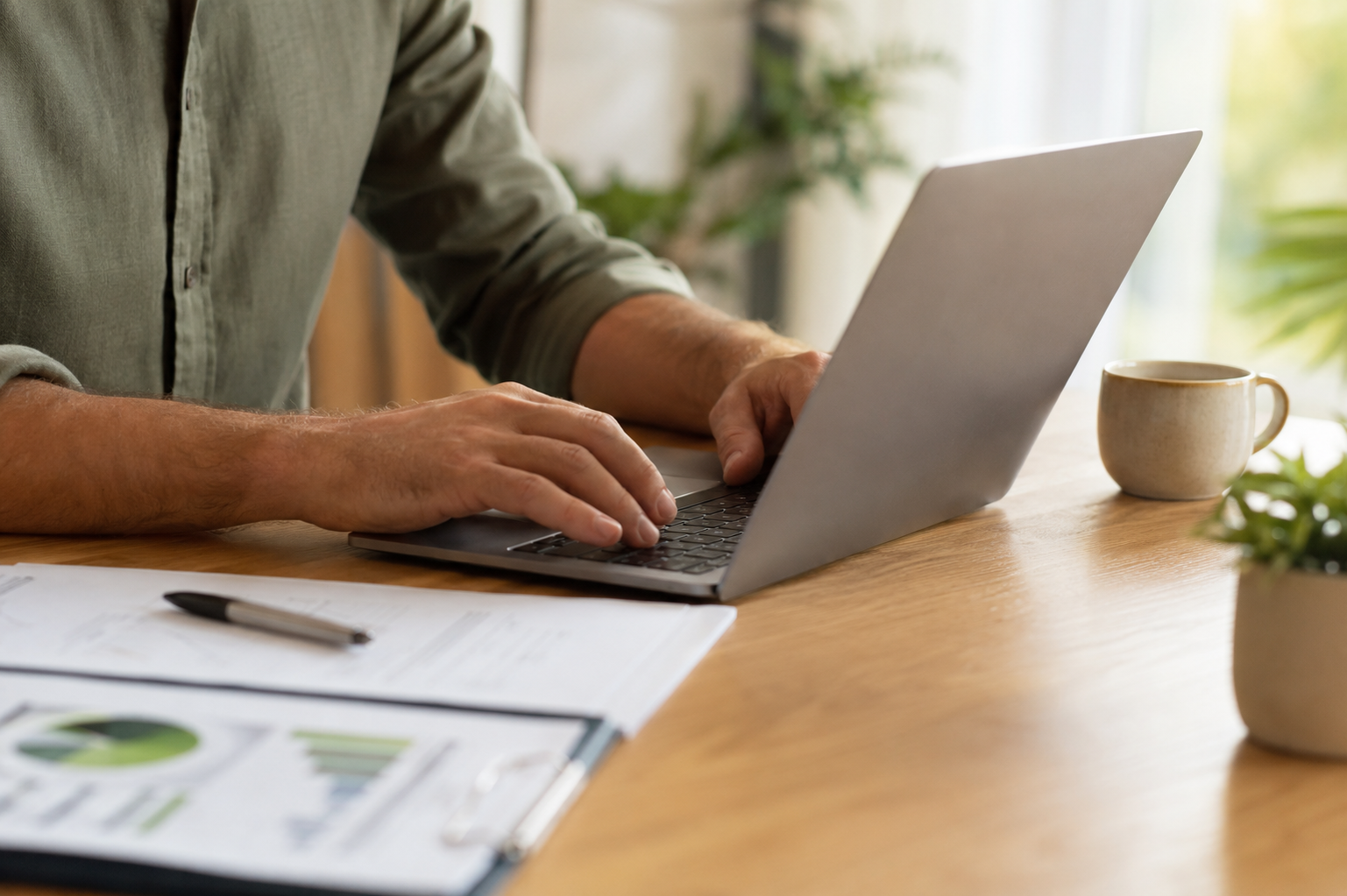 Person bearbeitet Versicherungsunterlagen am Laptop als Symbol für die Absicherung der eigenen Arbeitskraft.