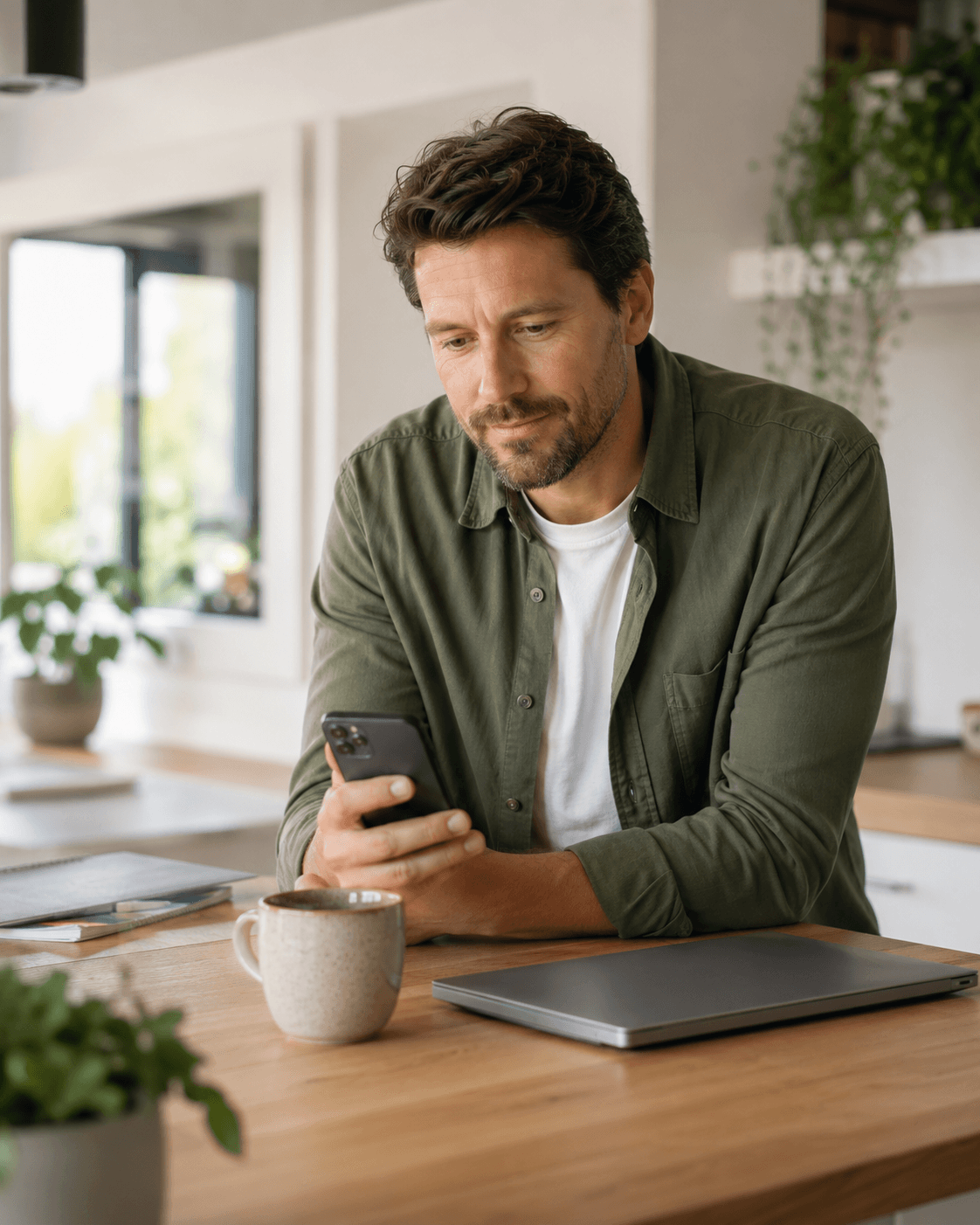 Selbstständiger Mann prüft am Smartphone seine finanzielle Planung als Symbol für einen individuell kalkulierten Beitrag zur privaten Krankenversicherung.