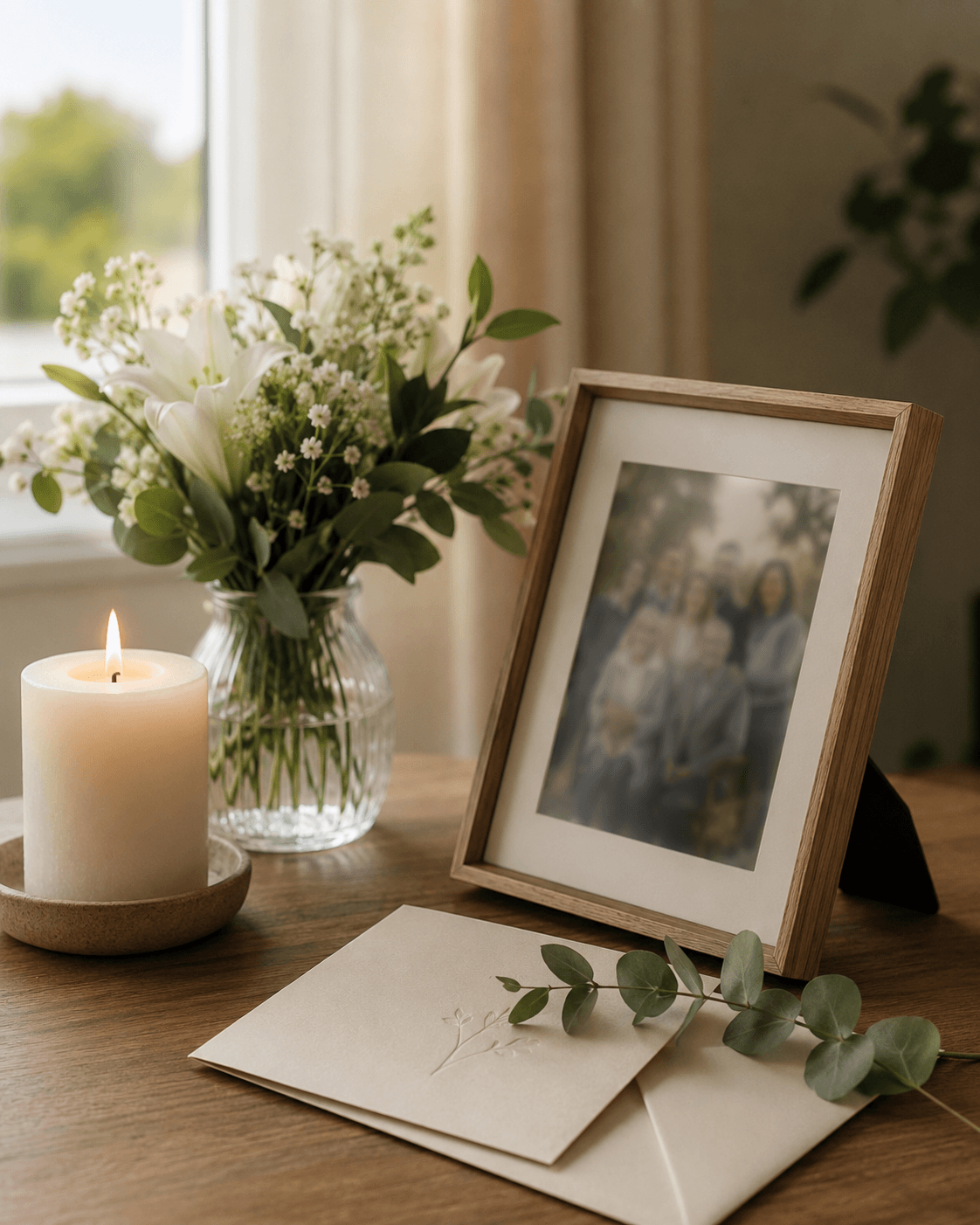 Ein ruhiges, würdiges Stillleben mit Kerze, weißen Blumen, Familienfoto und Karte, das an Erinnerung und vorsorgliche Planung erinnert.
