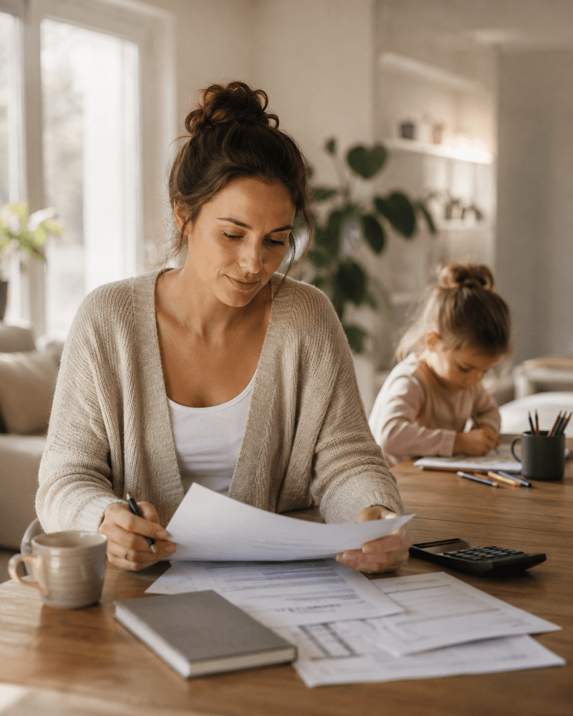 Mutter prüft Familienunterlagen, während ihr Kind im Hintergrund malt, als Symbol für finanzielle Absicherung durch eine Risikolebensversicherung.