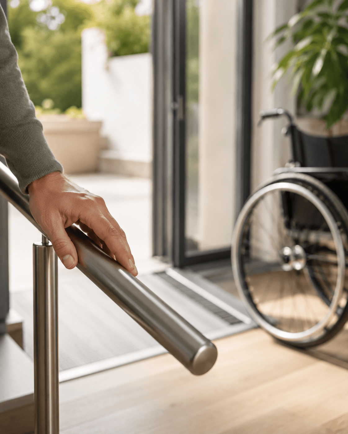 Das Bild zeigt eine ruhige, barrierefreie Wohnsituation mit Handlauf, stufenlosem Übergang und dezent sichtbarem Rollstuhl im Hintergrund. Soll der Rollstuhl noch etwas unauffälliger im Bild platziert sein?