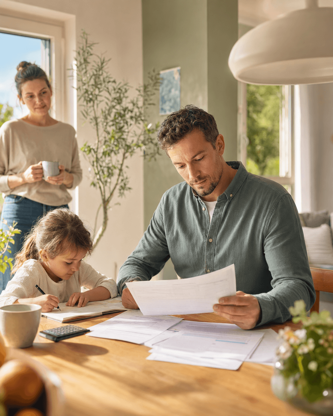 Familie am Esstisch prüft Unterlagen als Symbol für finanzielle Sicherheit durch eine Berufsunfähigkeitsversicherung.