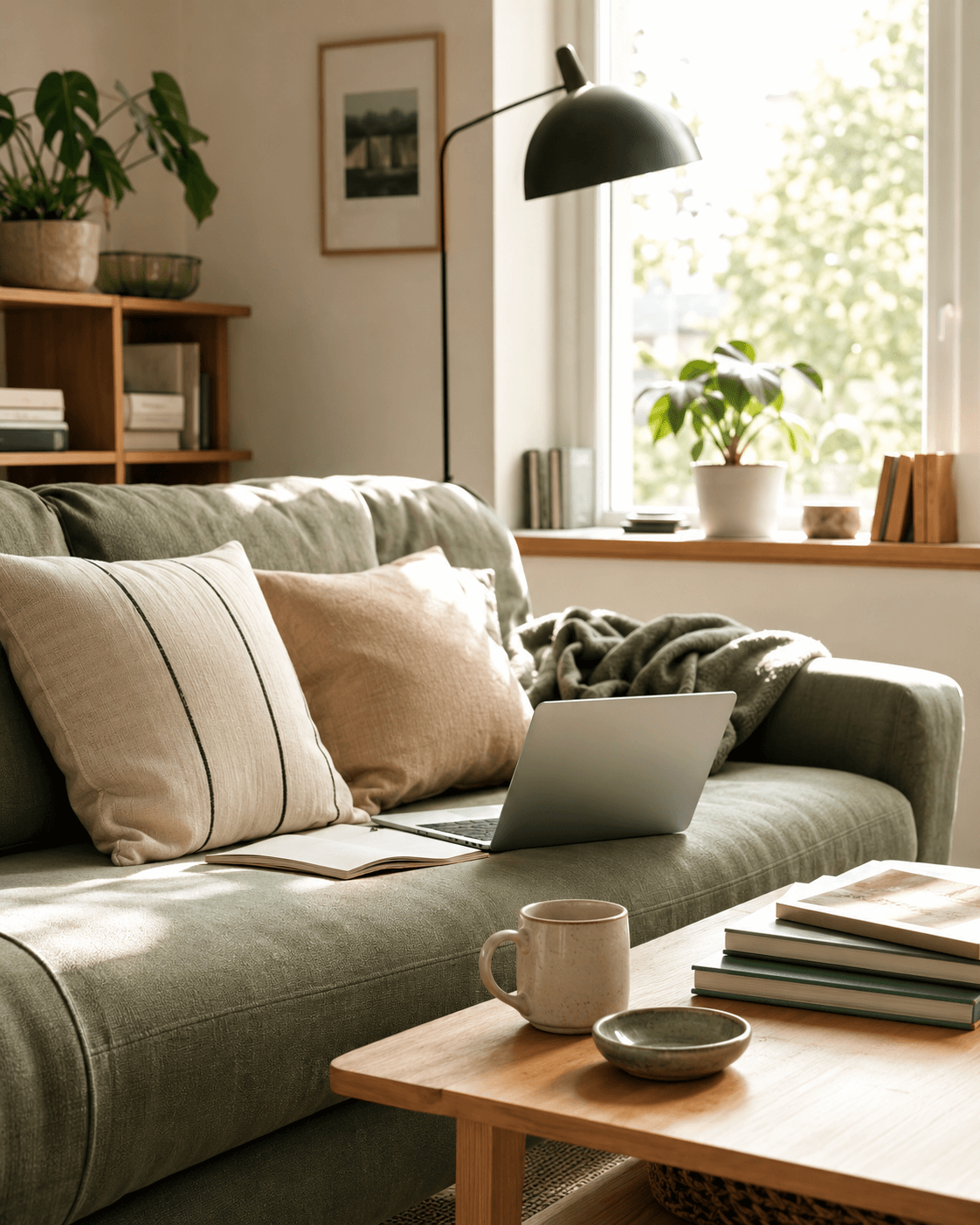 Helles Wohnzimmer mit Sofa, Laptop und persönlichen Gegenständen als Symbol für Hausratversicherung.