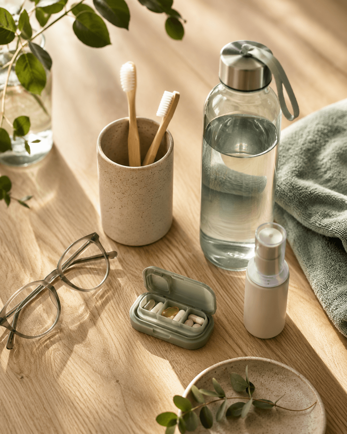 Brille, Zahnbürsten, Tablettenbox, Wasserflasche und Pflegeprodukte als Symbol für individuell wählbare Leistungen der privaten Krankenversicherung.