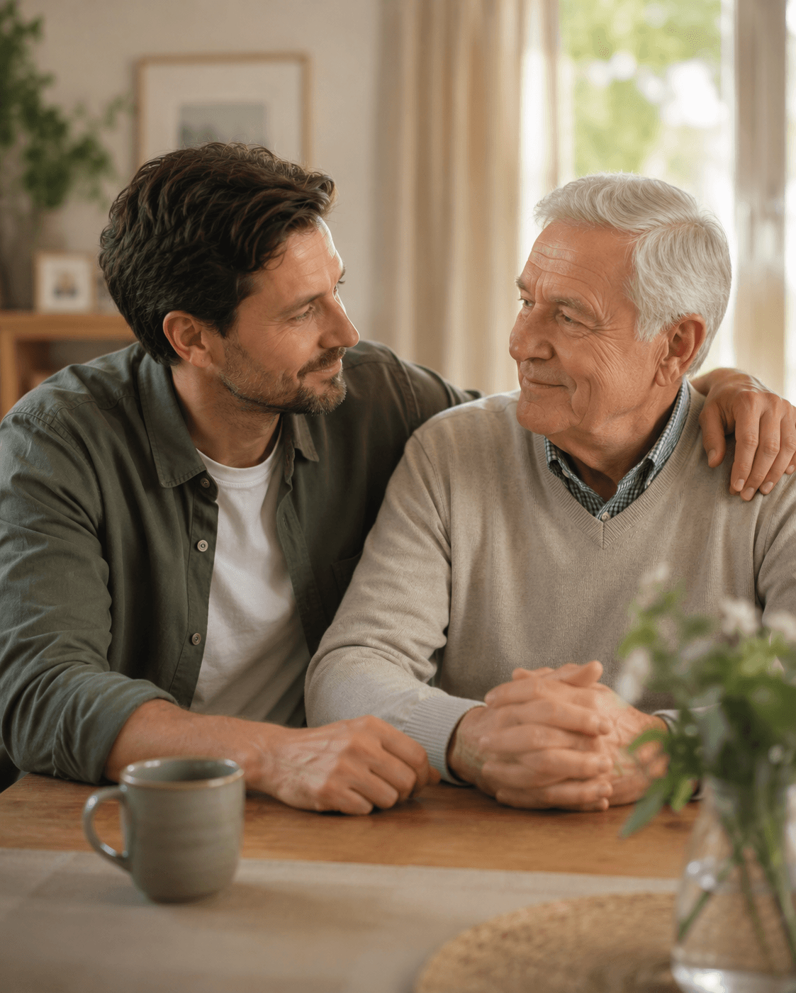 Erwachsener Sohn sitzt unterstützend neben seinem älteren Vater als Symbol für familiäre Entlastung durch eine private Pflegeversicherung.
