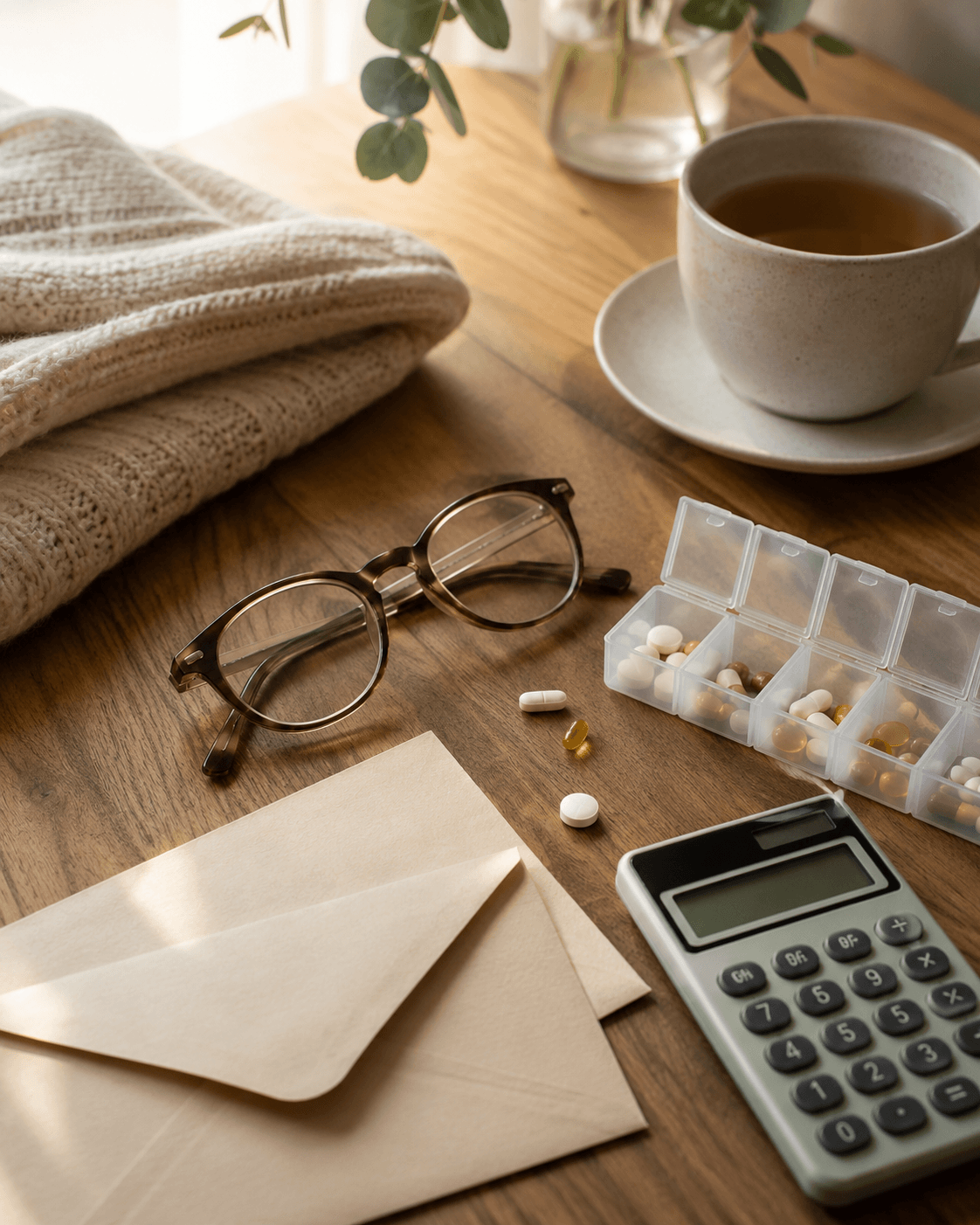 Brille, Medikamentenbox, Taschenrechner und Briefumschläge als Symbol für Pflegekosten und die finanzielle Lücke im Pflegefall.