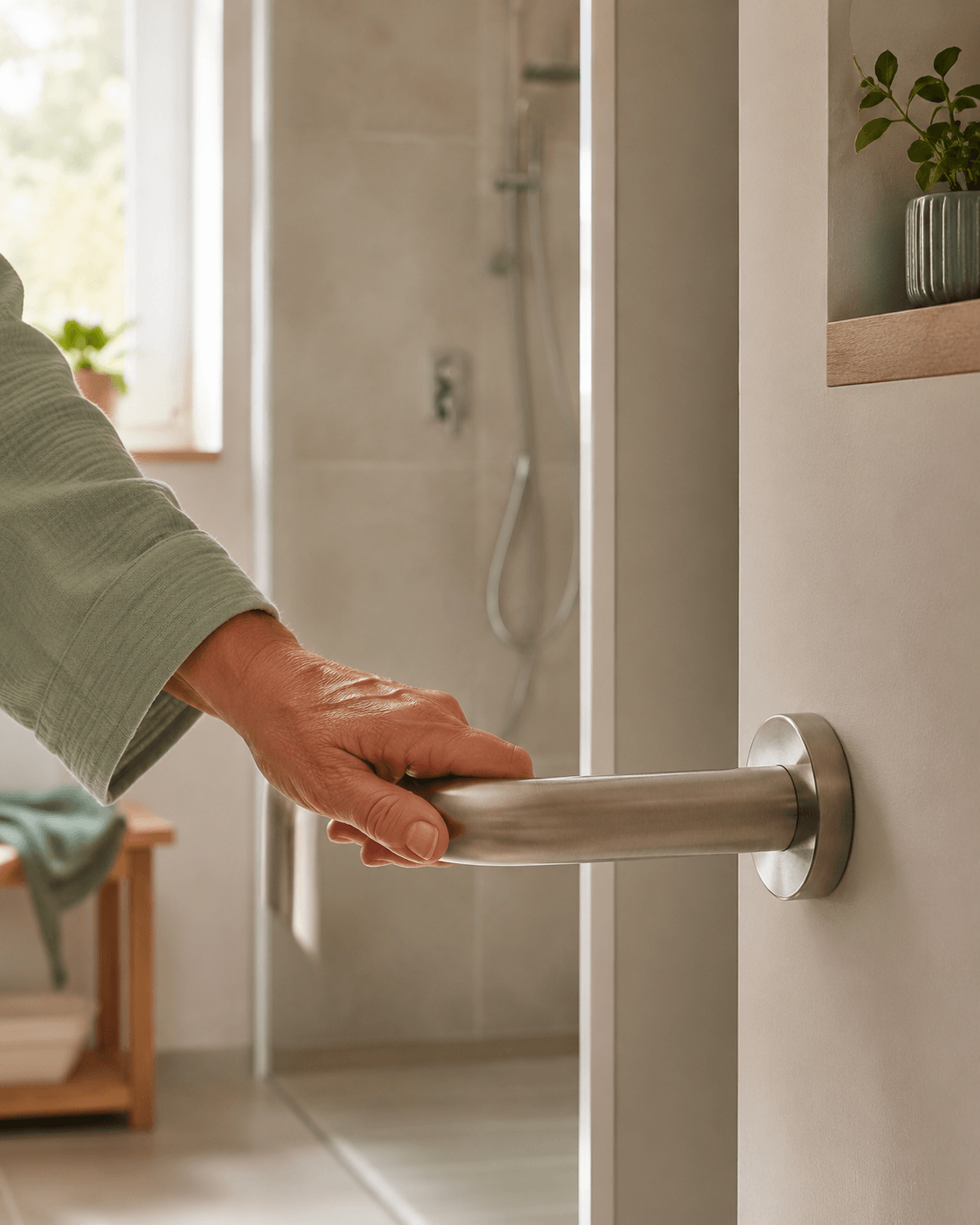 Hand hält einen Haltegriff in einem barrierefreien Badezimmer als Symbol für sichere Pflege und selbstständiges Wohnen zu Hause.