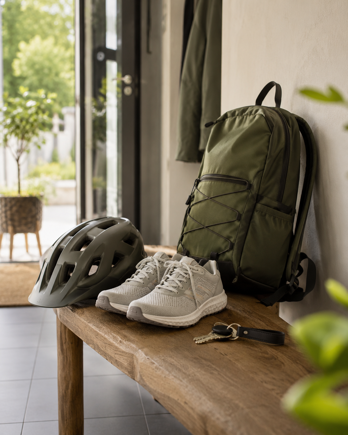 Fahrradhelm, Laufschuhe, Rucksack und Schlüssel im Eingangsbereich als Symbol für Unfallrisiken im Alltag und in der Freizeit.