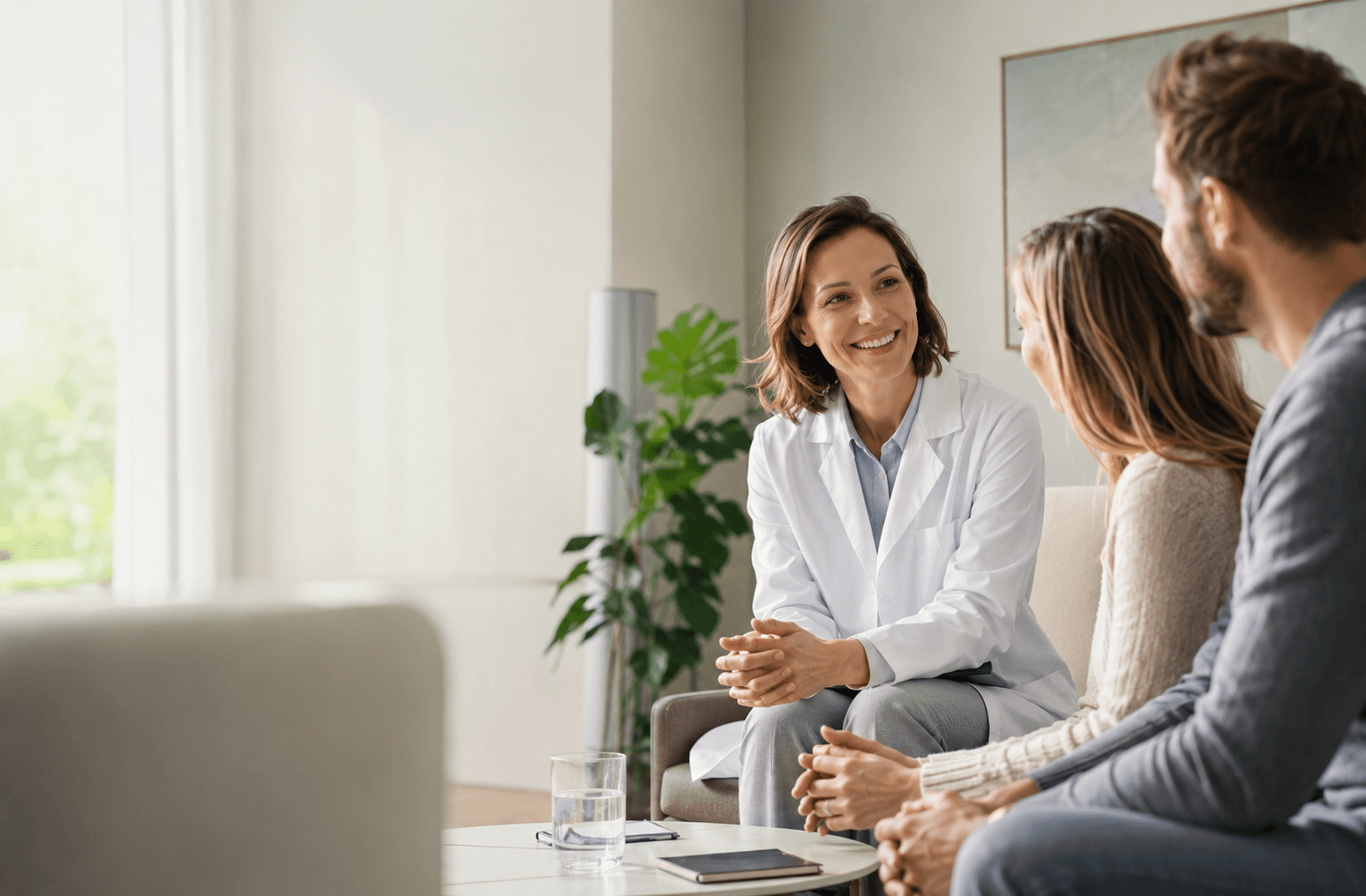 Ärztin berät ein Paar in einem hellen Behandlungsraum als Symbol für individuelle Leistungen der privaten Krankenversicherung.