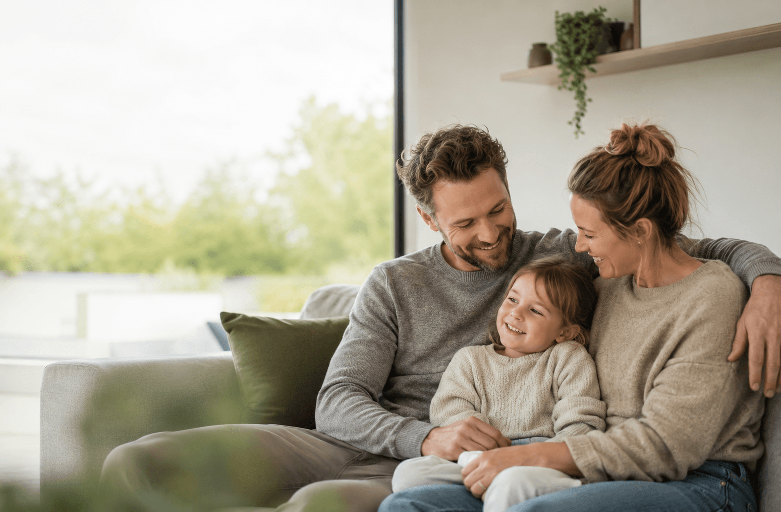Junge Familie sitzt gemeinsam im hellen Wohnzimmer als Symbol für finanzielle Sicherheit durch eine Risikolebensversicherung.