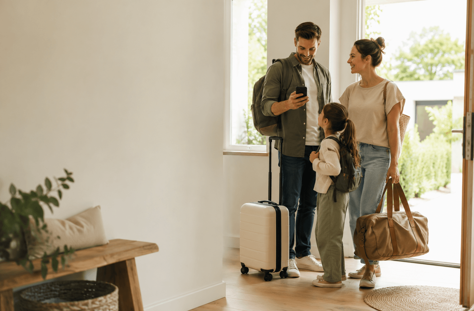 Familie bereitet sich mit Reisegepäck auf den Urlaub vor als Symbol für eine Reisekrankenversicherung.