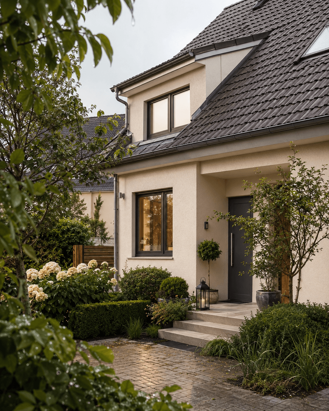 Modernes Wohnhaus mit gepflegtem Eingang und sichtbarer Fassade als Symbol für Wohngebäudeversicherung.