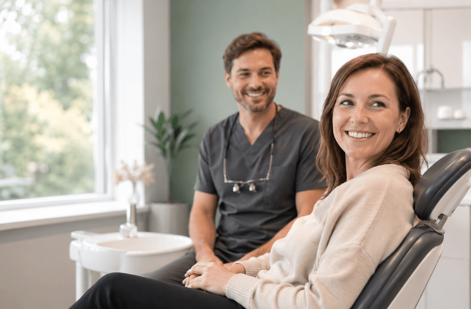 Patientin lächelt nach einer Beratung in einer modernen Zahnarztpraxis als Symbol für hochwertige Zahnbehandlung und Zahnzusatzversicherung.