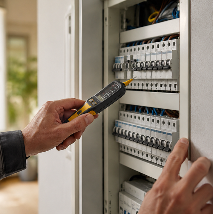 Elektriker überprüft den Sicherungskasten eines Wohnhauses auf elektrische Risiken.