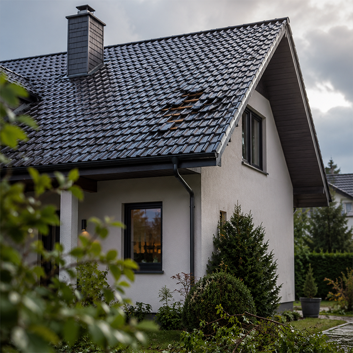 Einfamilienhaus mit leicht beschädigten Dachziegeln nach einem Sturm.