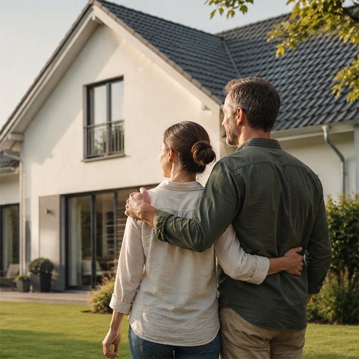 Paar vor einem modernen Einfamilienhaus als Motiv für eine Wohngebäudeversicherung.