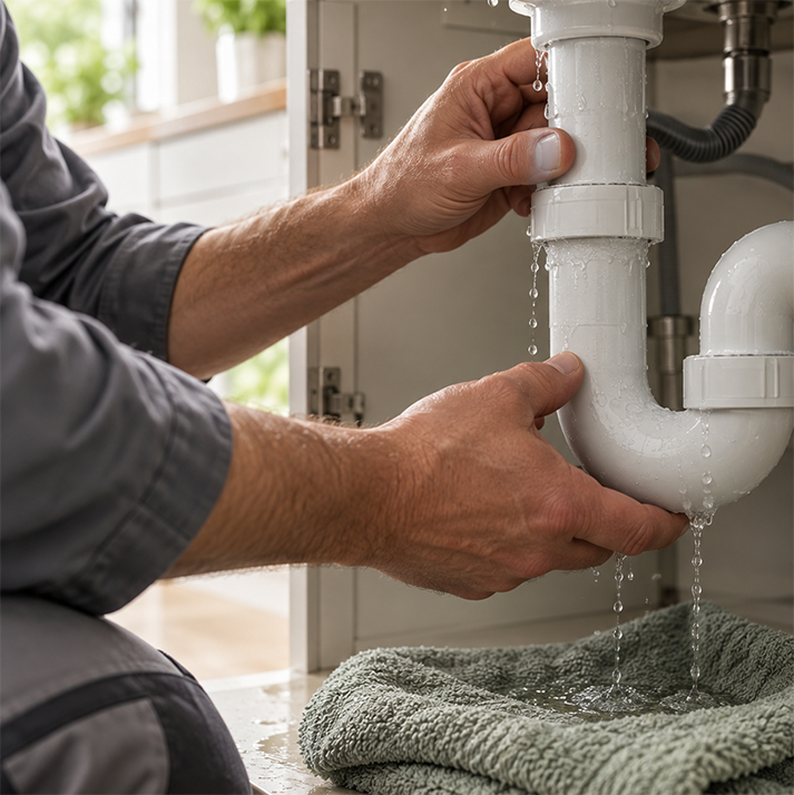 Installateur kontrolliert eine undichte Wasserleitung unter einer Küchenspüle.