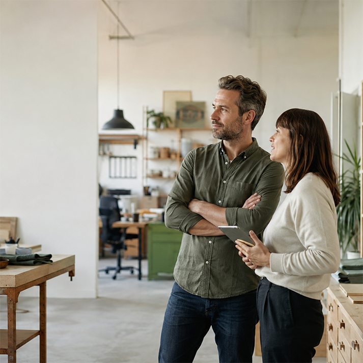 Unternehmer und Mitarbeiterin in einem modernen Betrieb als Motiv für eine individuelle Gewerbeversicherung.