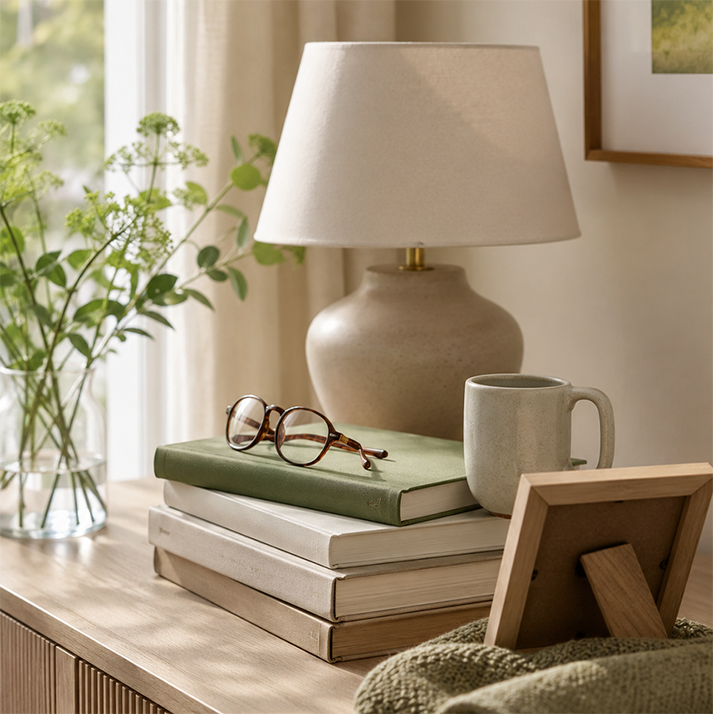Bücher, Brille, Lampe und persönliche Gegenstände auf einem Sideboard als Symbol für versicherten Hausrat.