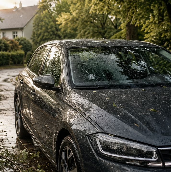 Auto mit Regentropfen und kleinem Glasschaden nach einem sommerlichen Unwetter.