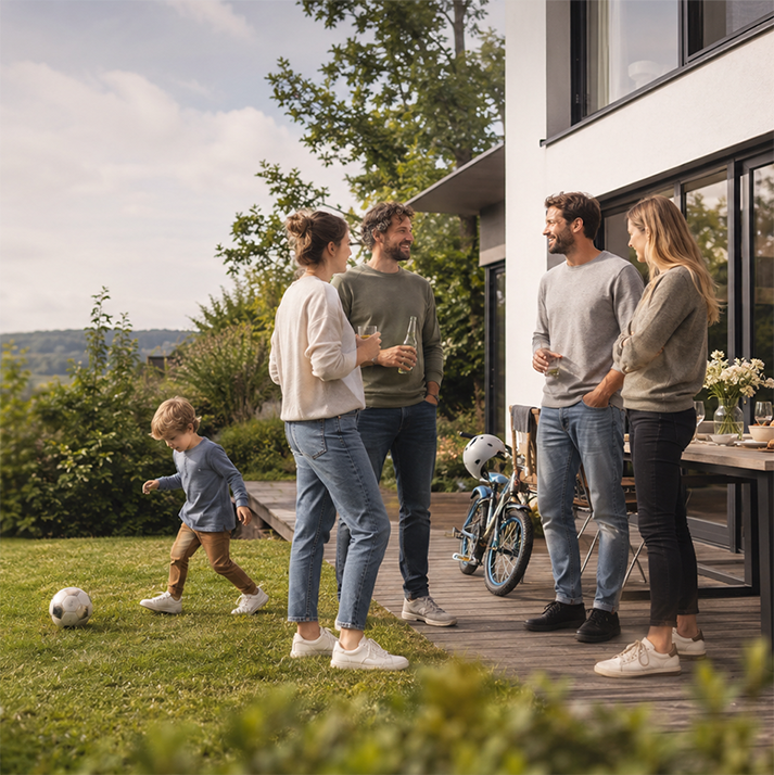 Familie und Freunde verbringen gemeinsam Zeit im Garten als Motiv für private Haftpflichtabsicherung im Alltag.