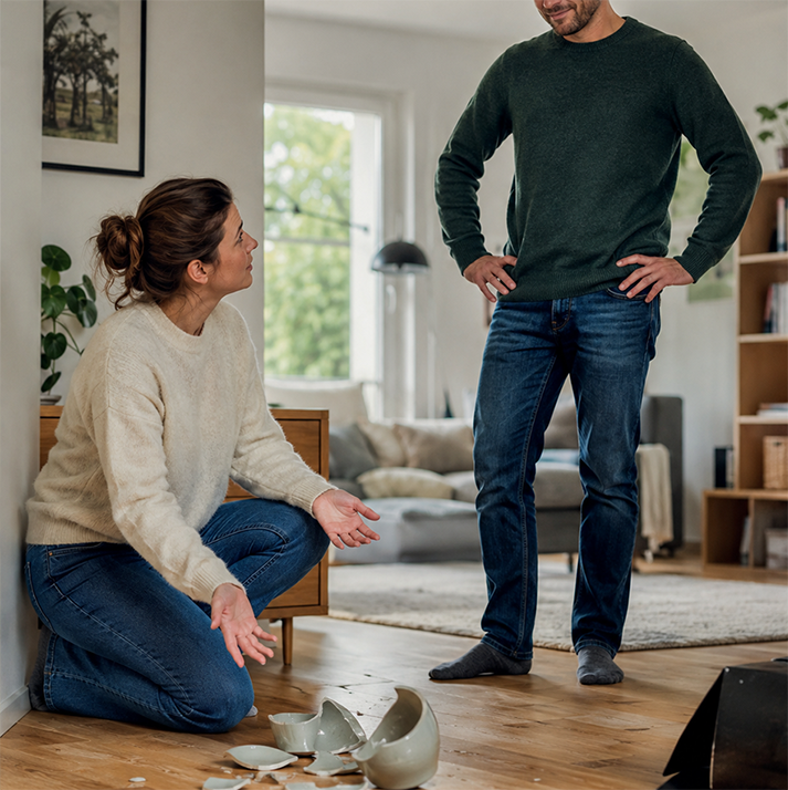 Zwei Personen reagieren auf eine versehentlich zerbrochene Vase in einer Wohnung.