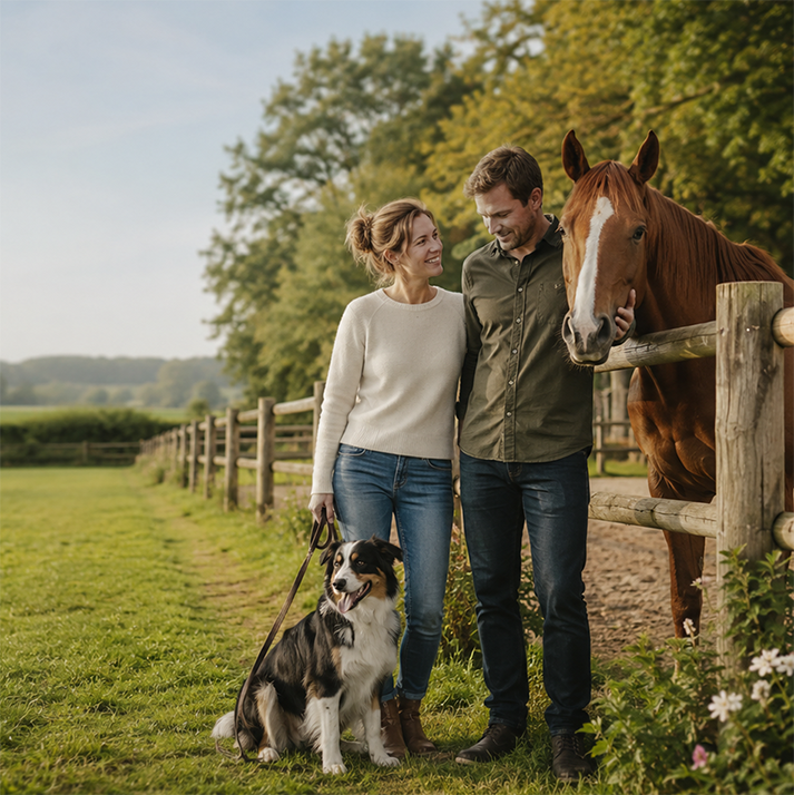 Paar mit Hund und Pferd als Motiv für eine Tierhalterhaftpflichtversicherung.