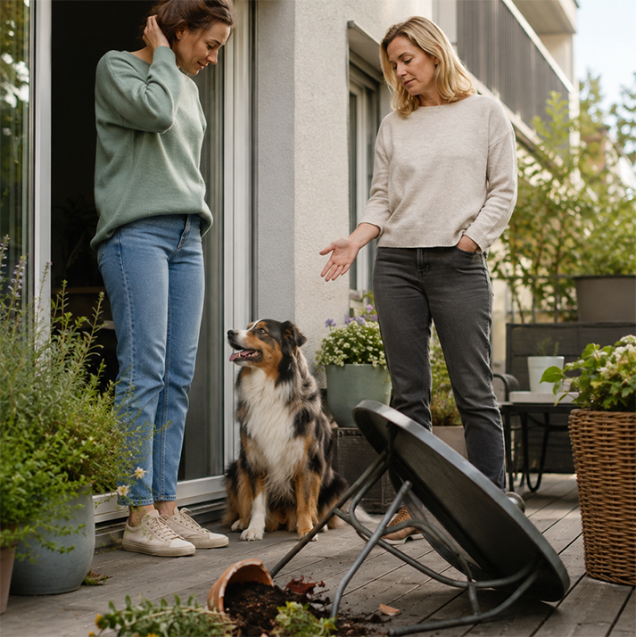 Hundebesitzer und Nachbar reagieren auf einen versehentlich beschädigten Blumentopf.